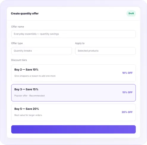 WooBundler offer editor showing an offer name, offer type, and three discount tiers: buy 2 save 10 percent, buy 3 save 15 percent, buy 5 save 20 percent