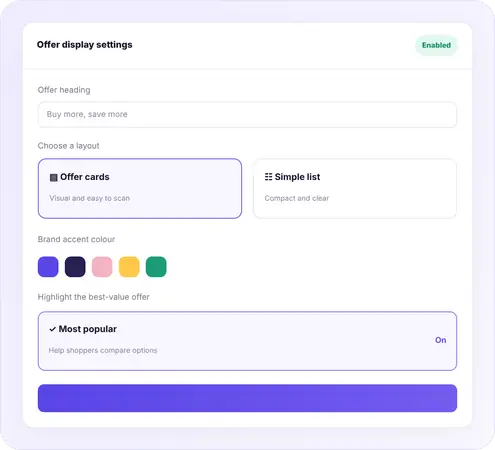 WooBundler display settings showing an offer heading, a choice between offer cards and a simple list, five brand colour swatches, and a most popular highlight switched on